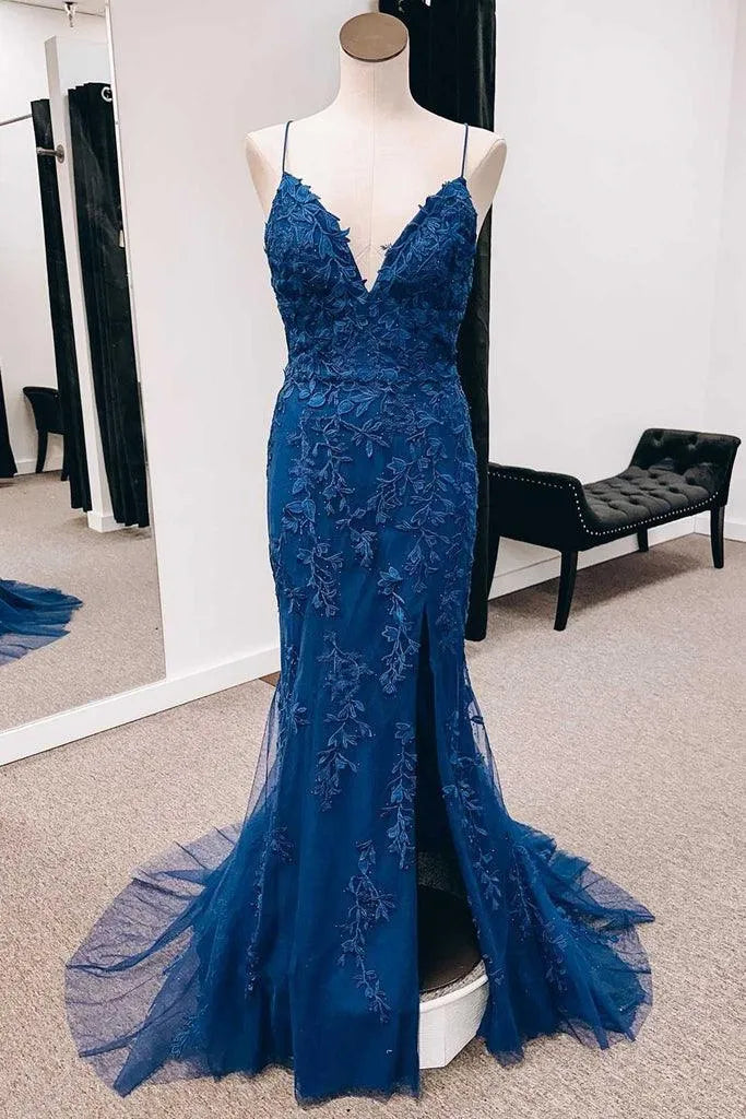Spaghetti Strap Deep V Criss Cross Back Lace Applique Mermaid Tulle Prom Dress
