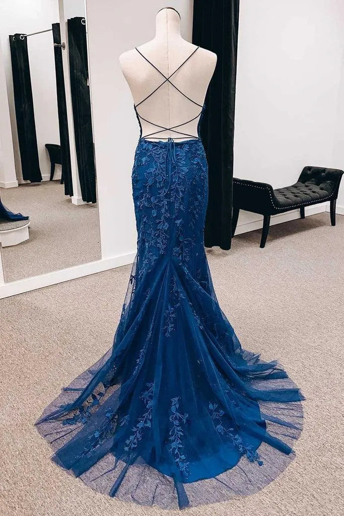 Spaghetti Strap Deep V Criss Cross Back Lace Applique Mermaid Tulle Prom Dress