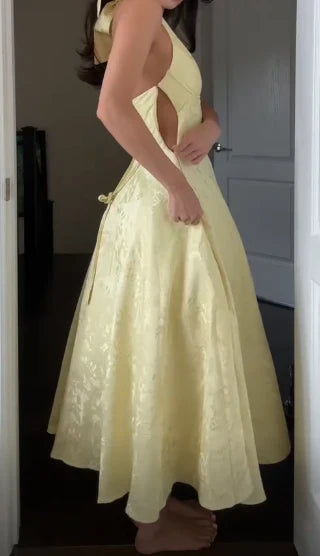 Weitese Dresses Formal Deep V Neck Halter Yellow Satin A Line Prom Dress Long Evening Dress Stores With Prom Dresses