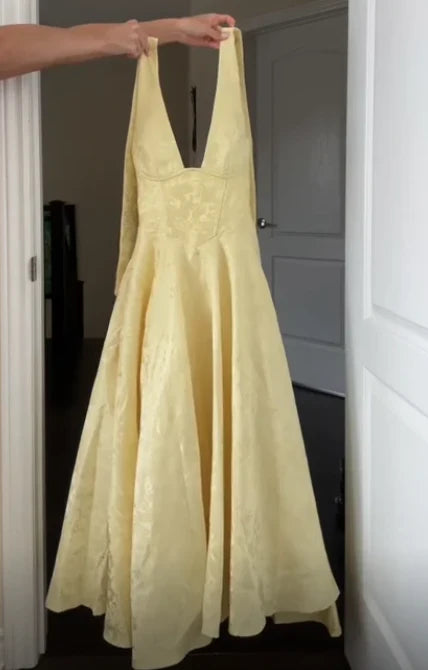 Weitese Dresses Formal Deep V Neck Halter Yellow Satin A Line Prom Dress Long Evening Dress Stores With Prom Dresses
