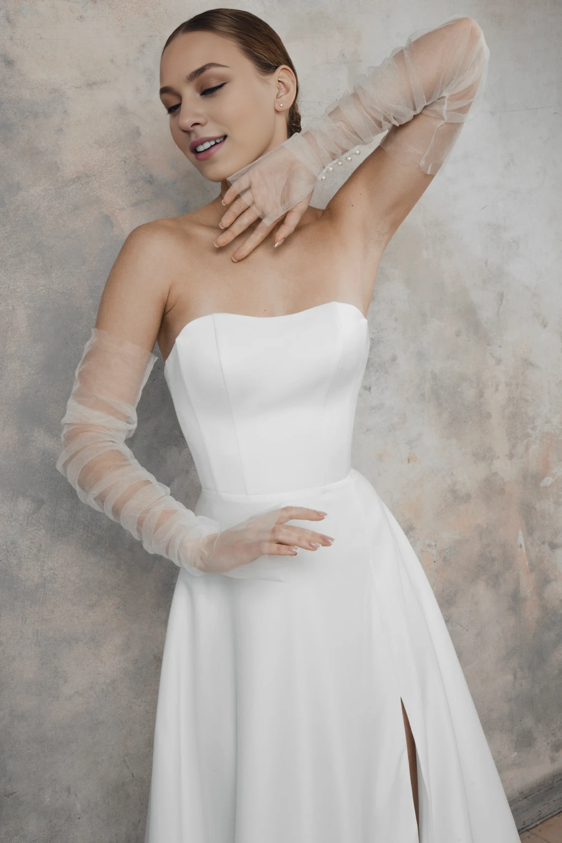 Satin A Line Wedding Dress Minimalist Modern Wedding Dress Off-the-shoulder With Slit Bride Dress