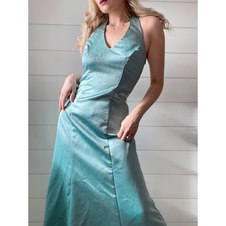 Weitese Dress Prom Dress Stores Vintage Beading Halter Satin Blue Evening Party Dress Dresses Formal