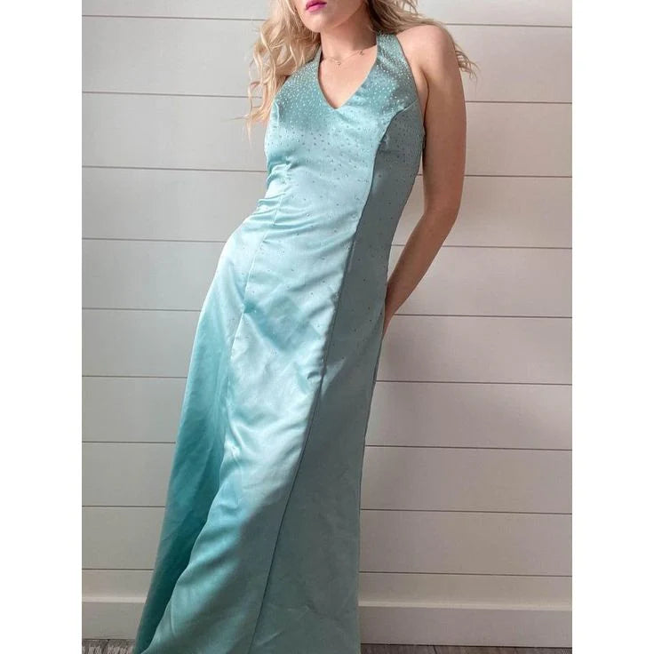Robe de soirée Weitese, robe de bal vintage en satin bleu, col licou, perles, robes de soirée formelles 