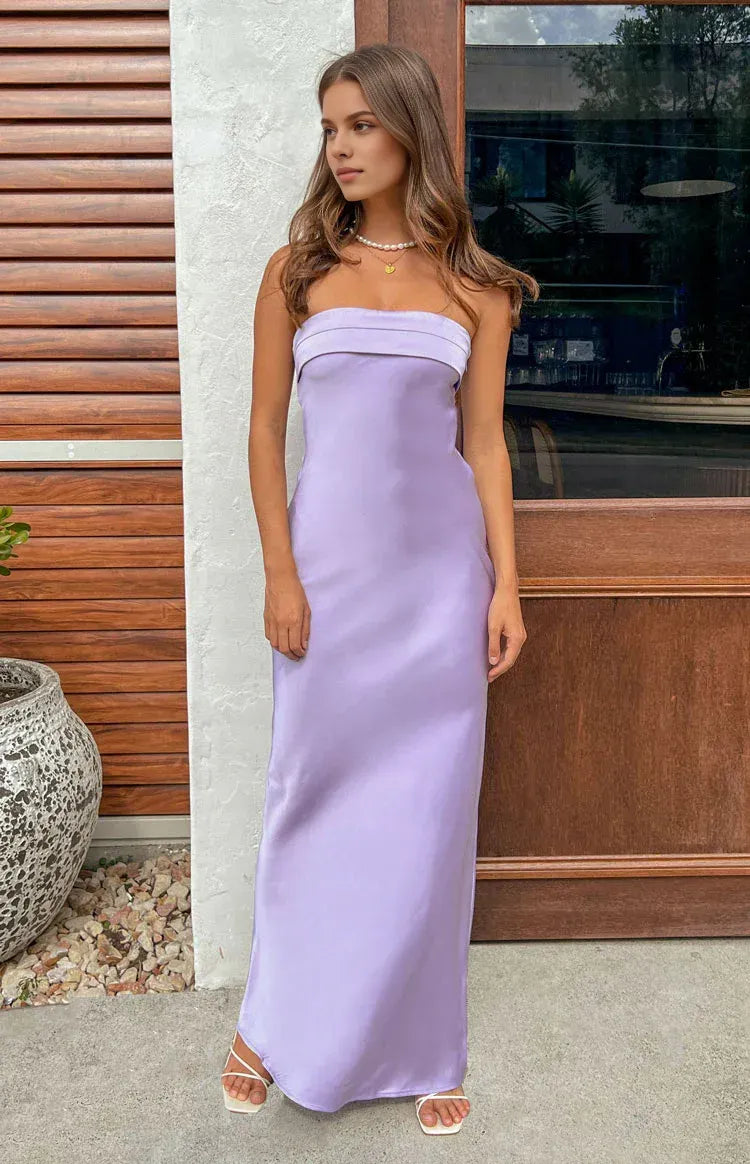 Satin Floor Length Strapless Graduation Party Dresses Backless Sleeveless Prom Dresses Hot Sale Long Evening Dresses