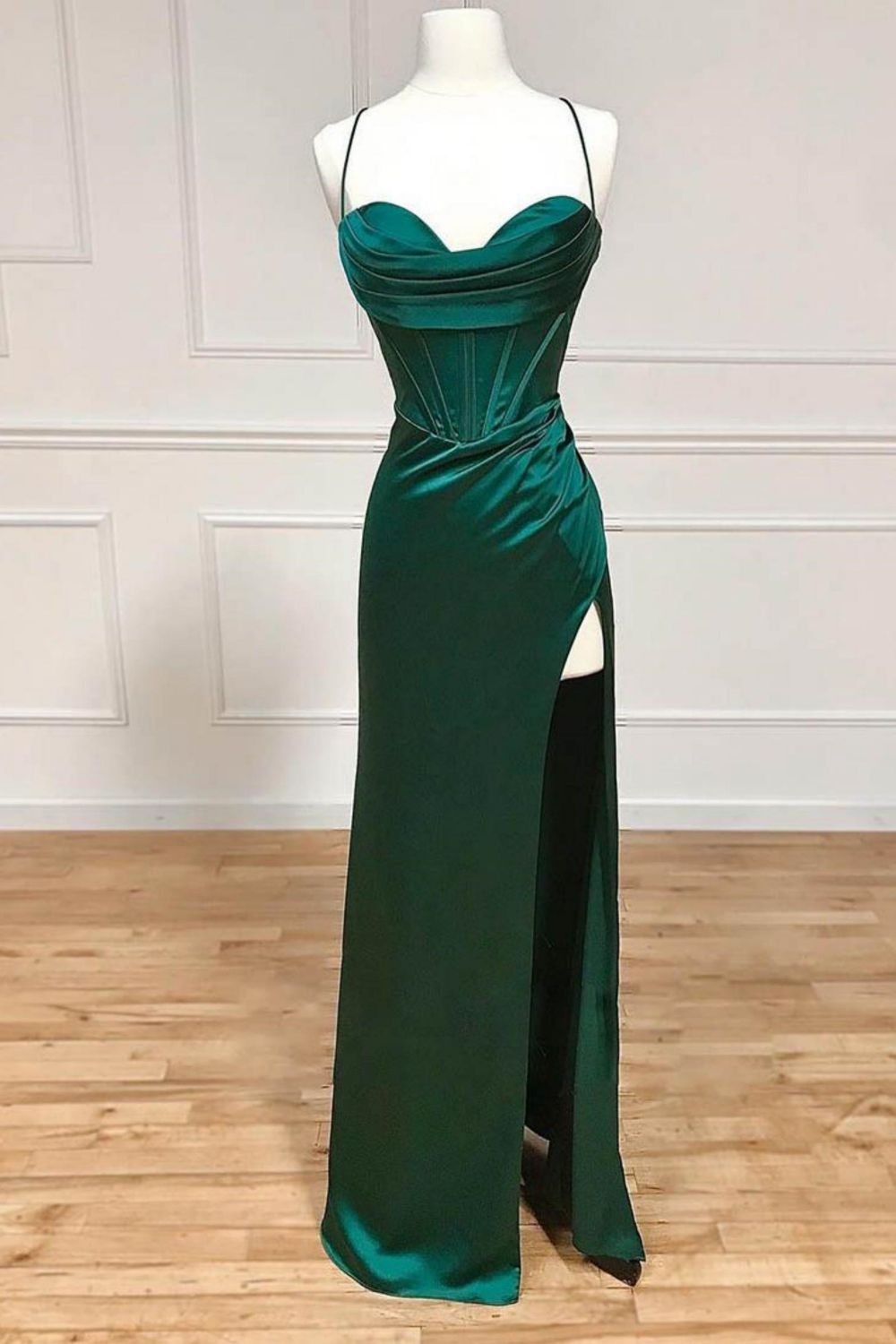 Weitese Satin Mermaid Spaghetti Straps Lace Up Dark Green Long Prom Dress With Split