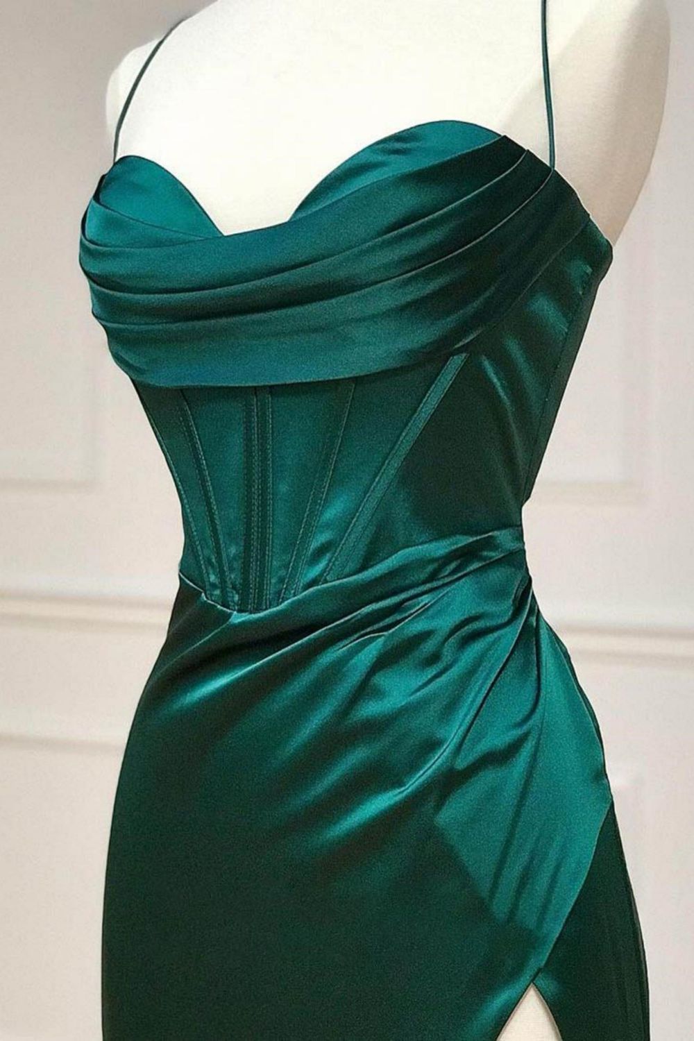 Weitese Satin Mermaid Spaghetti Straps Lace Up Dark Green Long Prom Dress With Split