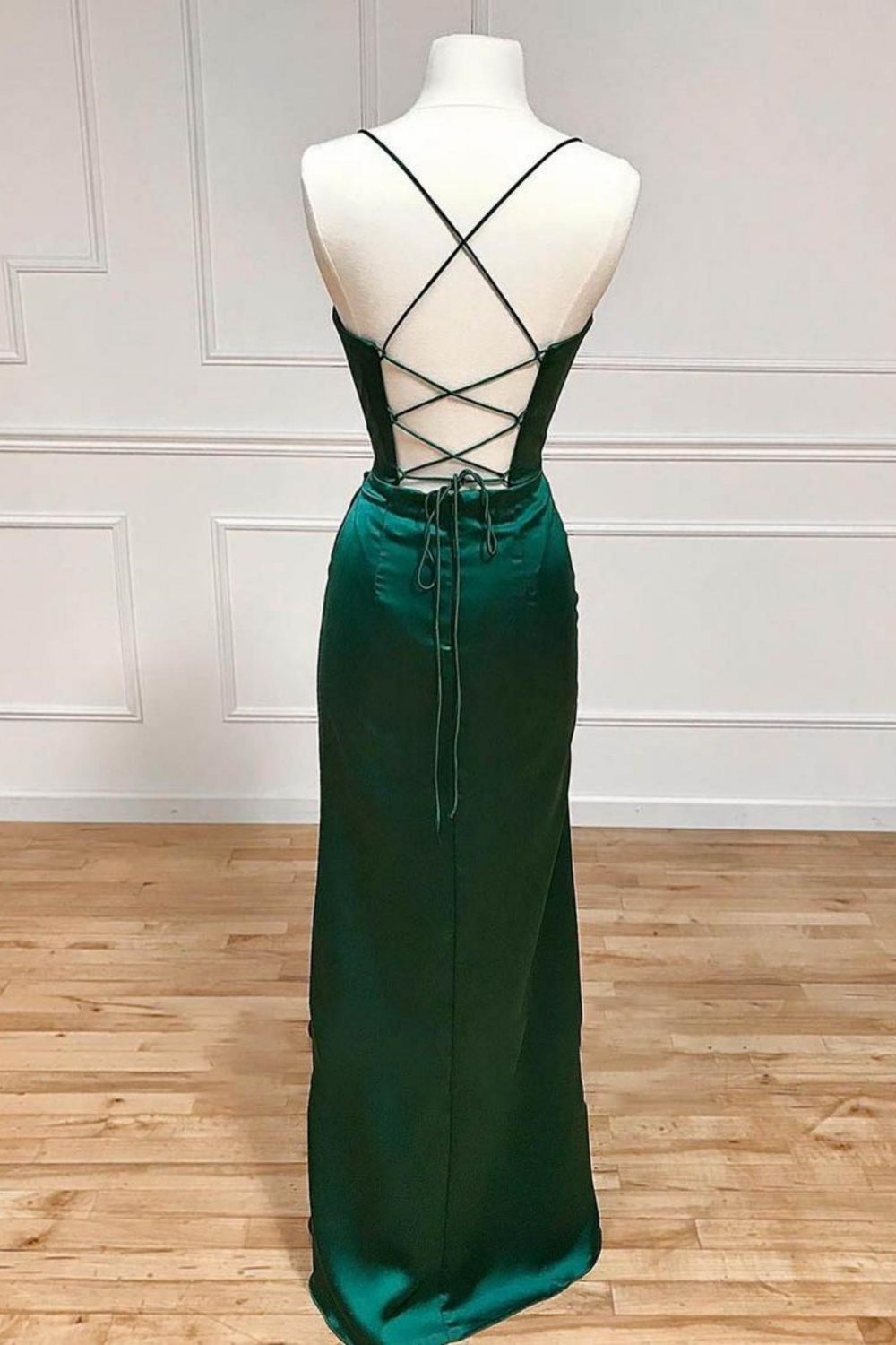 Weitese Satin Mermaid Spaghetti Straps Lace Up Dark Green Long Prom Dress With Split