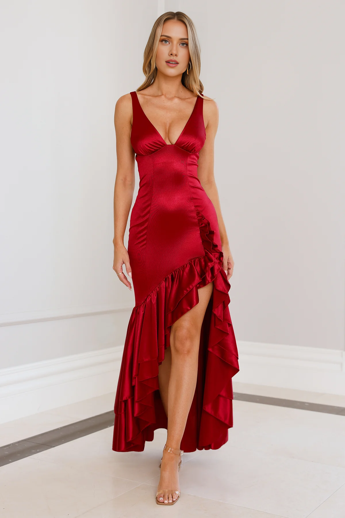 Satin Red Hight Low Ruffle A-line Deep V Neck Wide Straps Sleeveless Backless Prom Party Dress