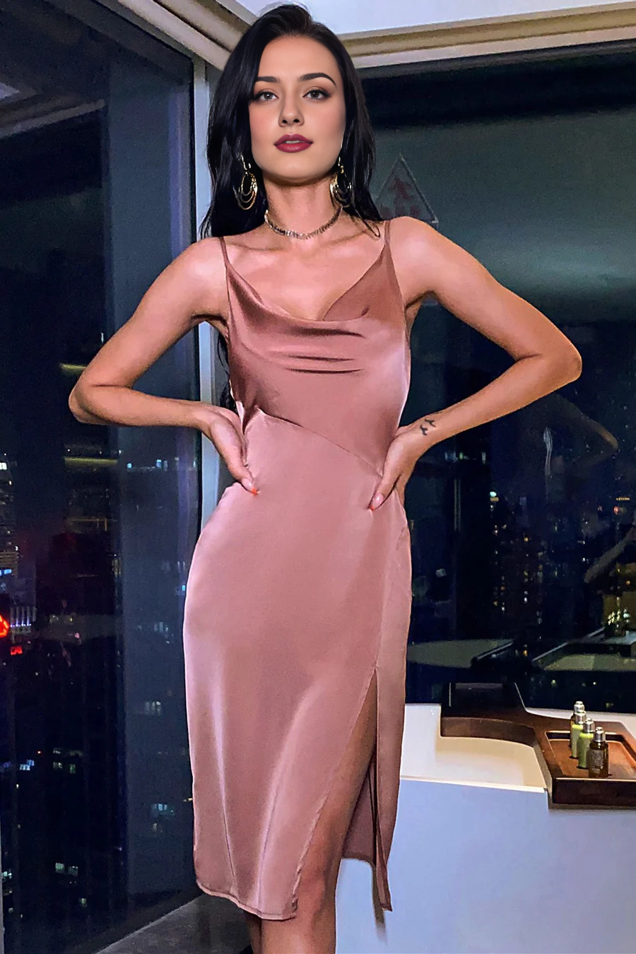 Satin Cowl Neck Backless Midi Party Dress