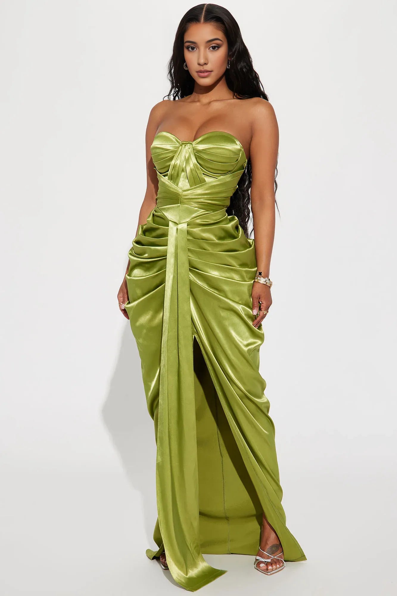 Satin Maxi Dress Green Off-the-Shoulder Sleeveless Pleated Corset Mermaid Party Dress Floor Length Chic