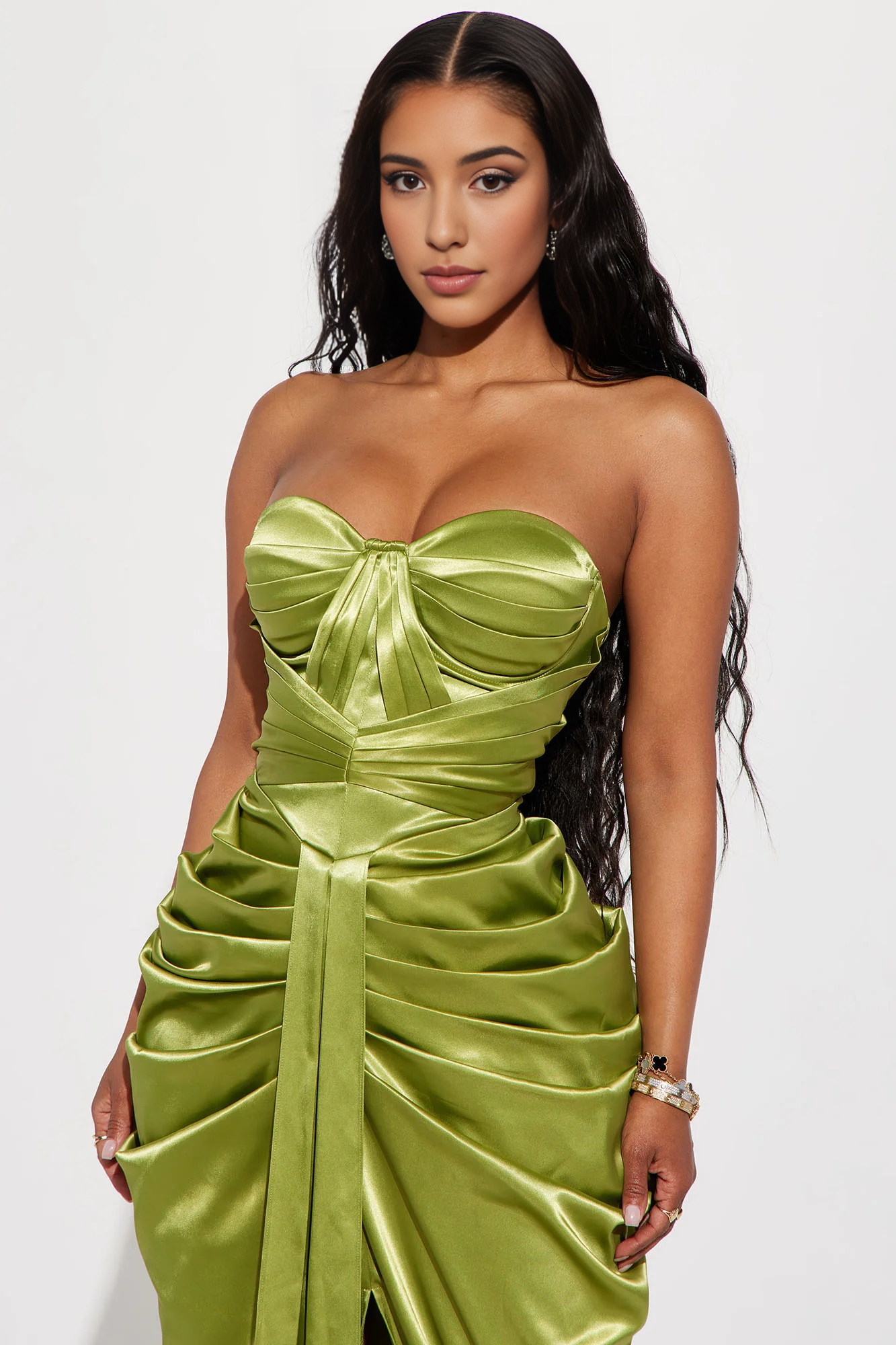 Satin Maxi Dress Green Off-the-Shoulder Sleeveless Pleated Corset Mermaid Party Dress Floor Length Chic