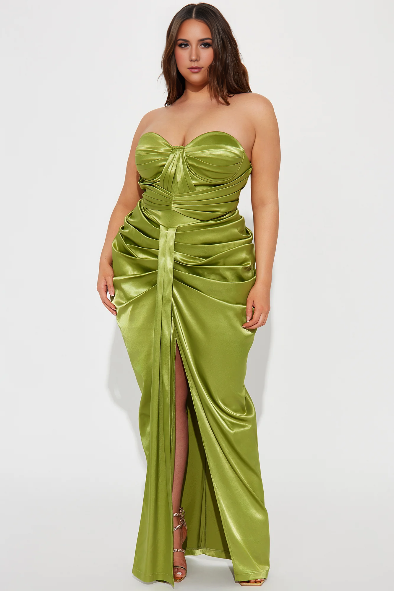 Satin Maxi Dress Green Off-the-Shoulder Sleeveless Pleated Corset Mermaid Party Dress Floor Length Chic