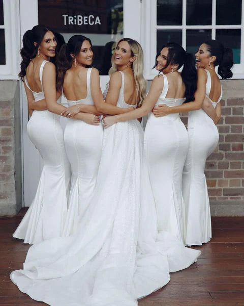 Robe de demoiselle d'honneur sirène en satin dos nu, col carré, longueur au sol