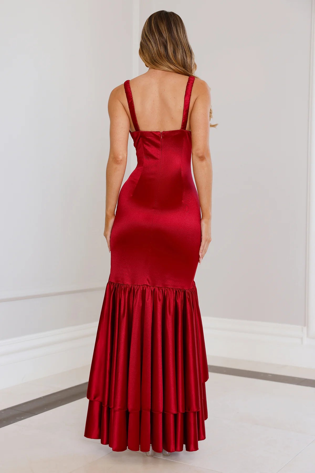 Satin Red Hight Low Ruffle A-line Deep V Neck Wide Straps Sleeveless Backless Prom Party Dress