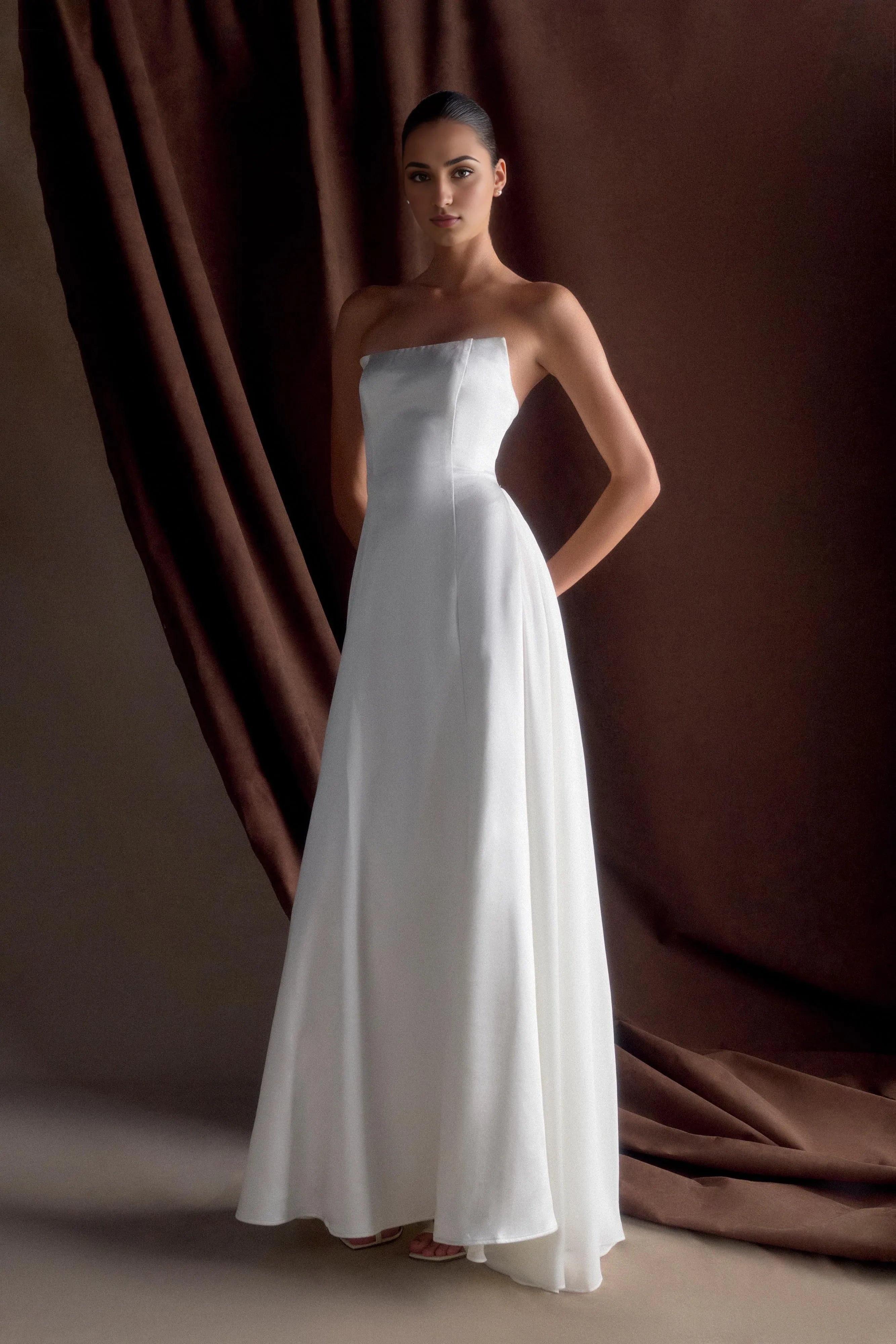 Satin Strapless Affordable Beach Wedding Dresses for Bride Gorgeous A-Line Floor Length Wedding Dresses No Slit