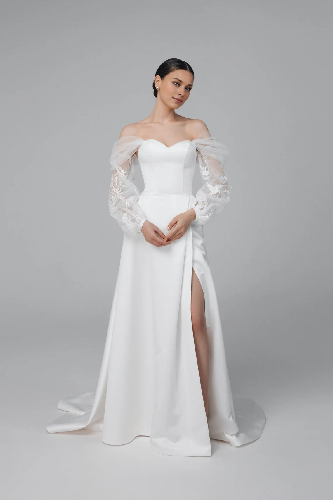 Satin Corset Wedding Dress With Floral Tulle Sleeves Strapless Wedding Dress With High Slit With Train