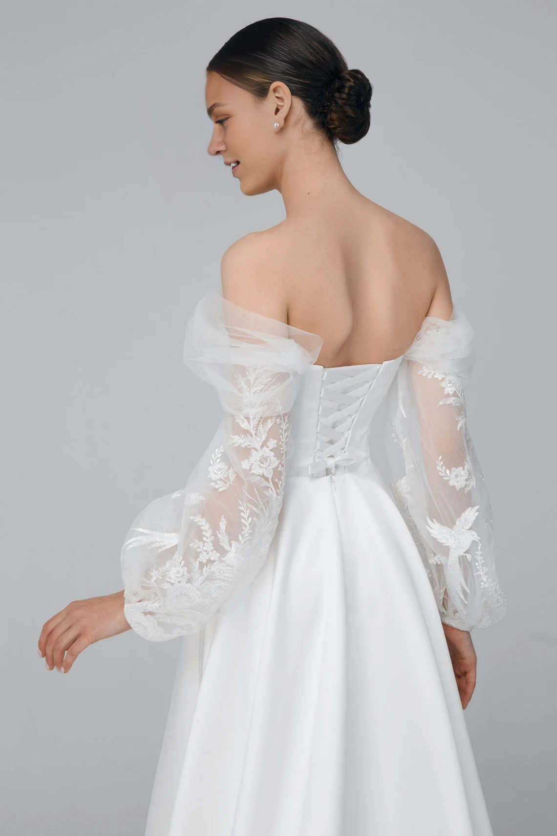 Satin Corset Wedding Dress With Floral Tulle Sleeves Strapless Wedding Dress With High Slit With Train