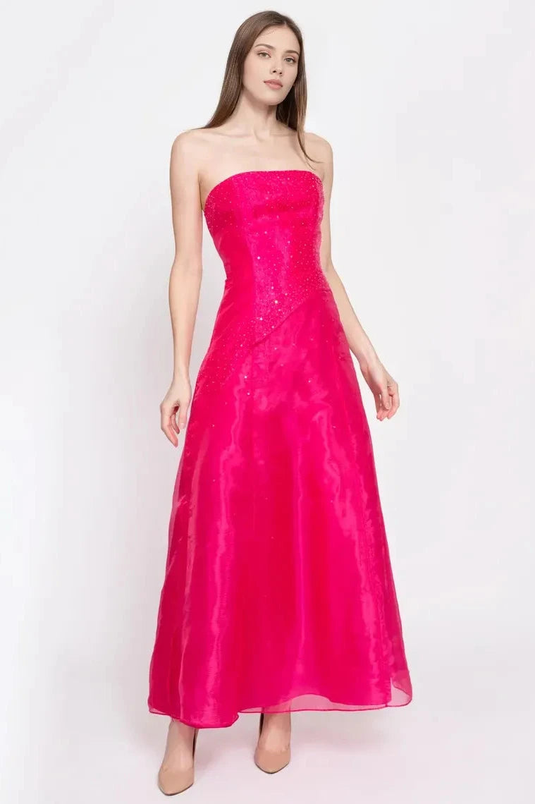 Sequin Off-the-Shoulder Hot Pink Backless Sleeveless Strapless Prom Dress