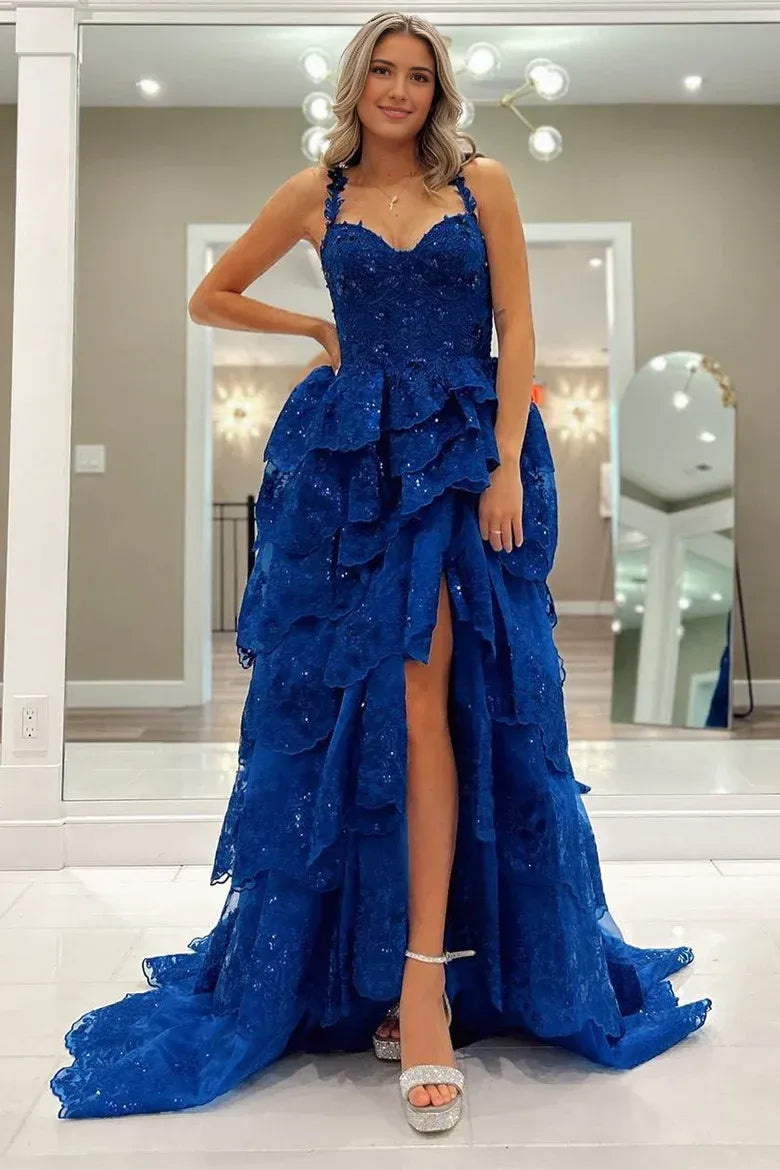 Weitese Formal Women's Dresses Royal Blue Tulle Sequin Ruffle Tiered Long Prom Dress Prom Clothing
