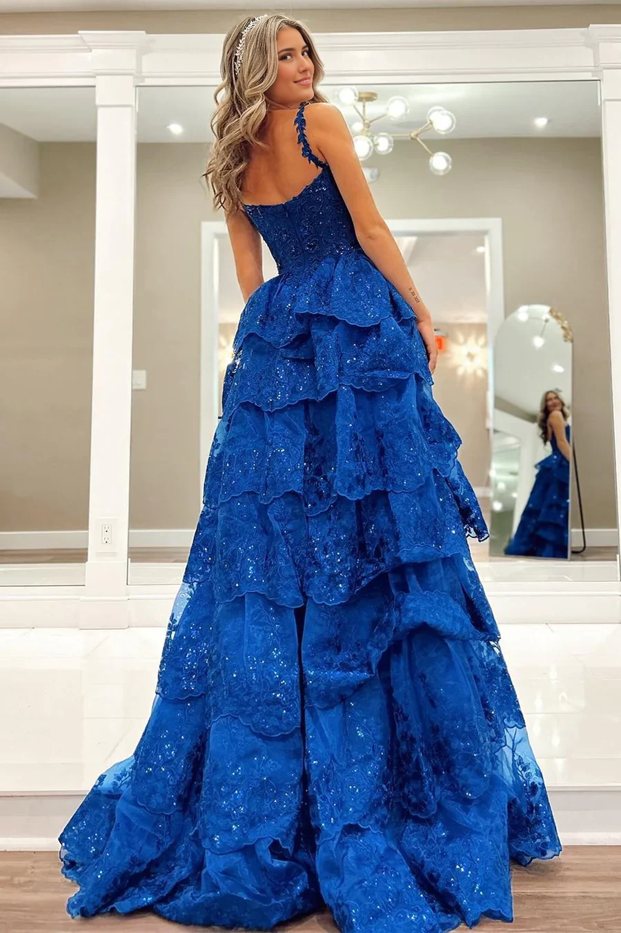 Weitese Formal Women's Dresses Royal Blue Tulle Sequin Ruffle Tiered Long Prom Dress Prom Clothing