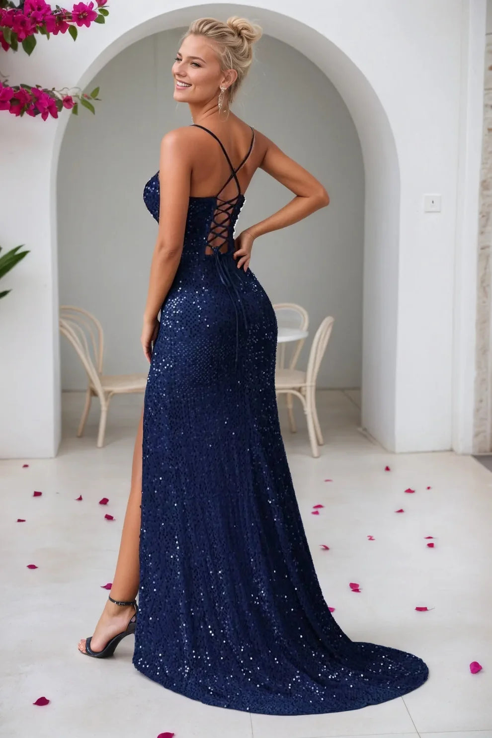 Navy Blue Sequin Sheath Sweetheart Lace-Up Back Floor-Length Dress