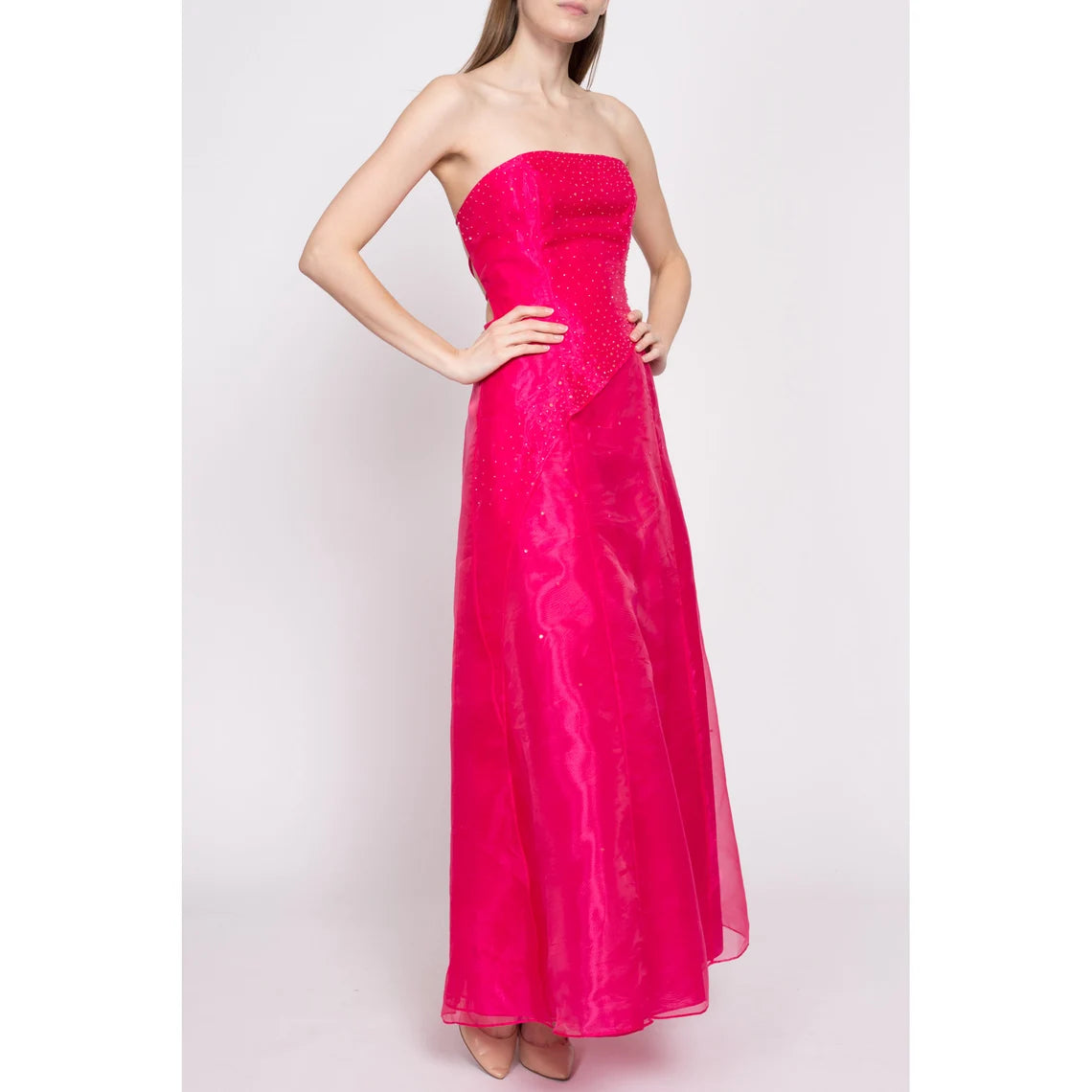 Sequin Off-the-Shoulder Hot Pink Backless Sleeveless Strapless Prom Dress