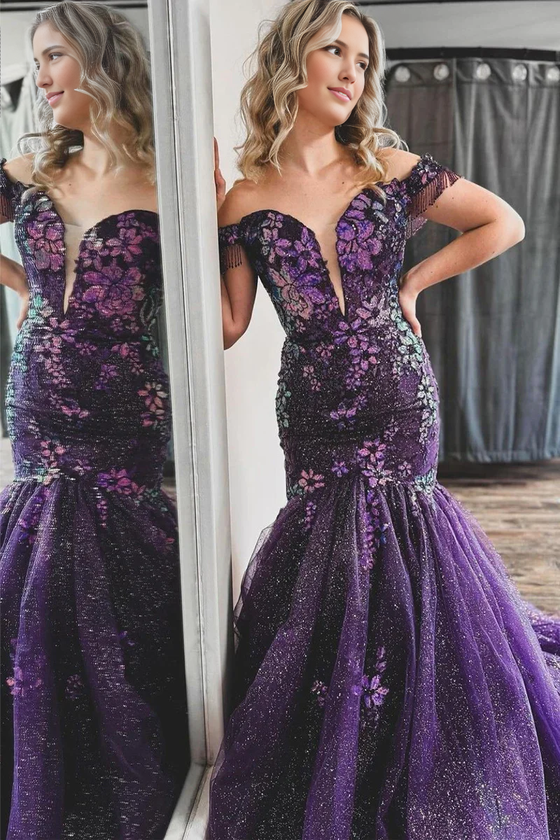 Vestidos formales Weitese para mujer, morados, con hombros descubiertos, apliques de lentejuelas, vestido de fiesta largo estilo sirena, tiendas de vestidos de fiesta 