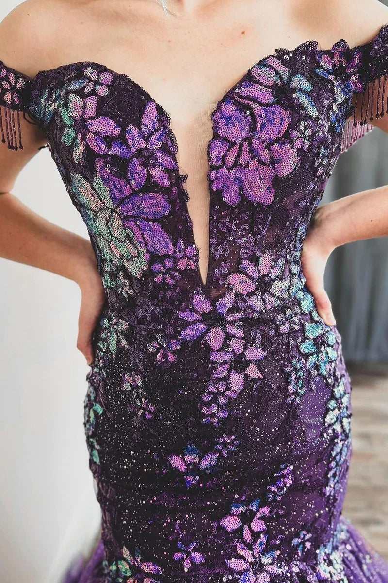 Vestidos formales Weitese para mujer, morados, con hombros descubiertos, apliques de lentejuelas, vestido de fiesta largo estilo sirena, tiendas de vestidos de fiesta 