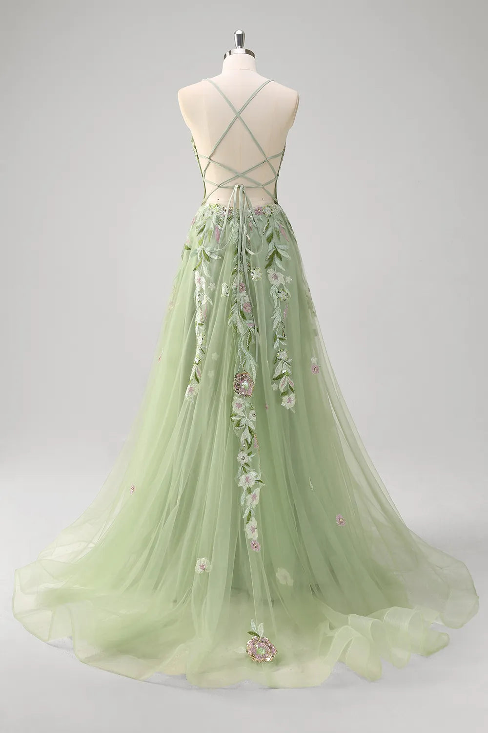 Weitese Prom Dress Store Green Spaghetti Straps Embroidery and Sequins A-Line Tulle Long Prom Dress with Slit Formal Women's Dresses