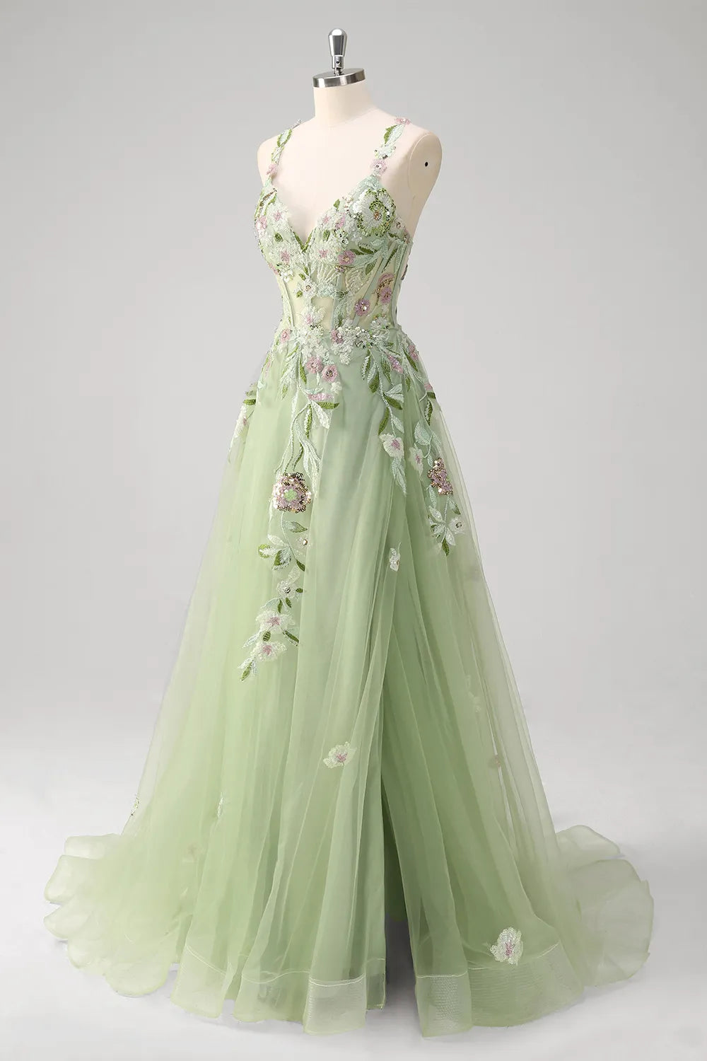 Weitese Prom Dress Store Green Spaghetti Straps Embroidery and Sequins A-Line Tulle Long Prom Dress with Slit Formal Women's Dresses