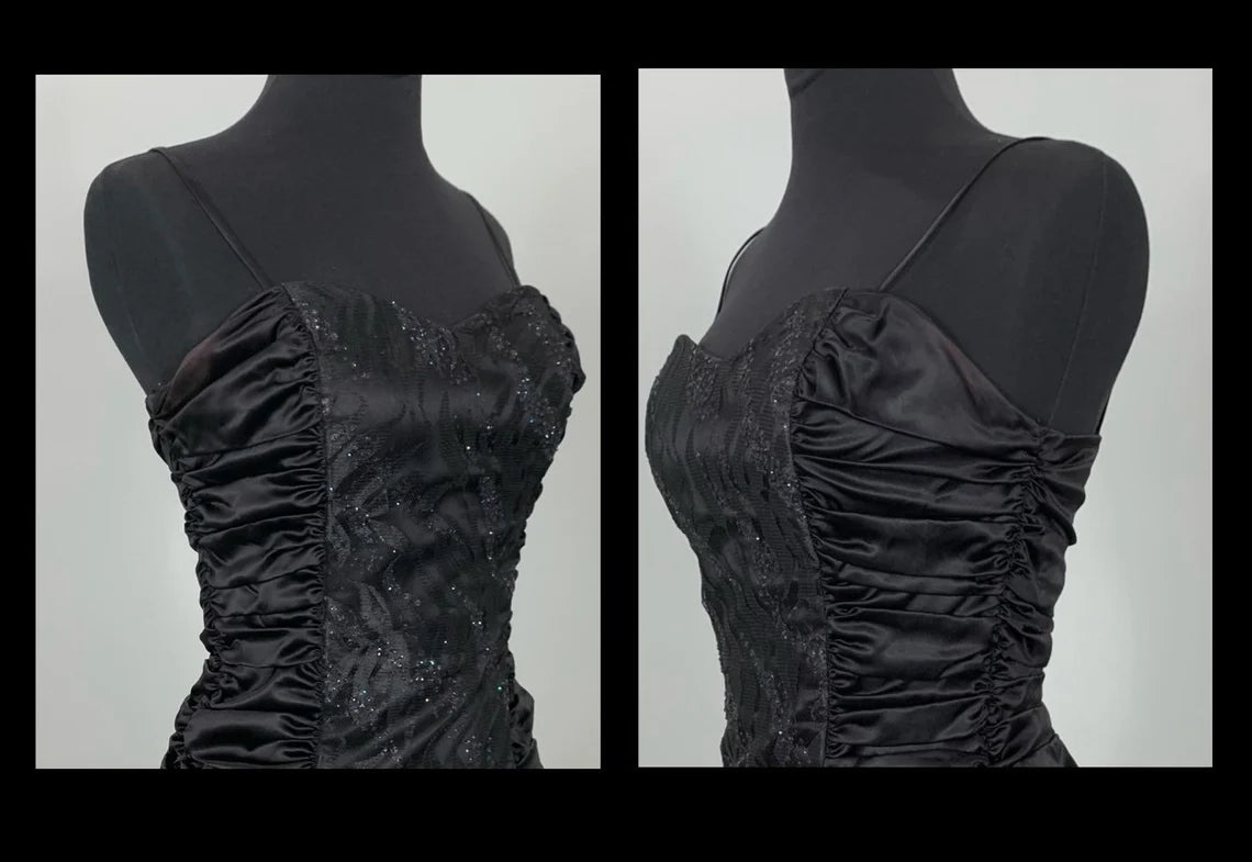 Robe de bal noire à paillettes et bretelles spaghetti, ajustée et froncée, robe de cocktail formelle sans manches en dentelle noire 