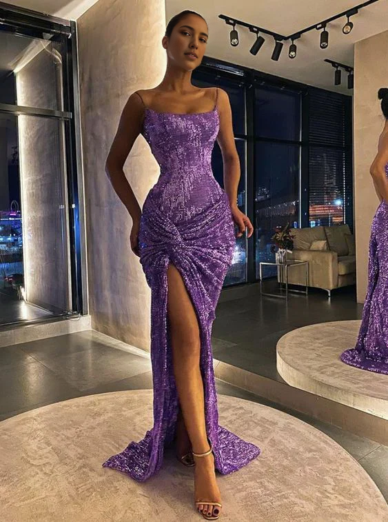 Weitese Formal Wear Dresses Spaghetti Straps Sequins Mermaid Slit Long Prom Dress Stores With Prom Dresses Formal Women's Dresses