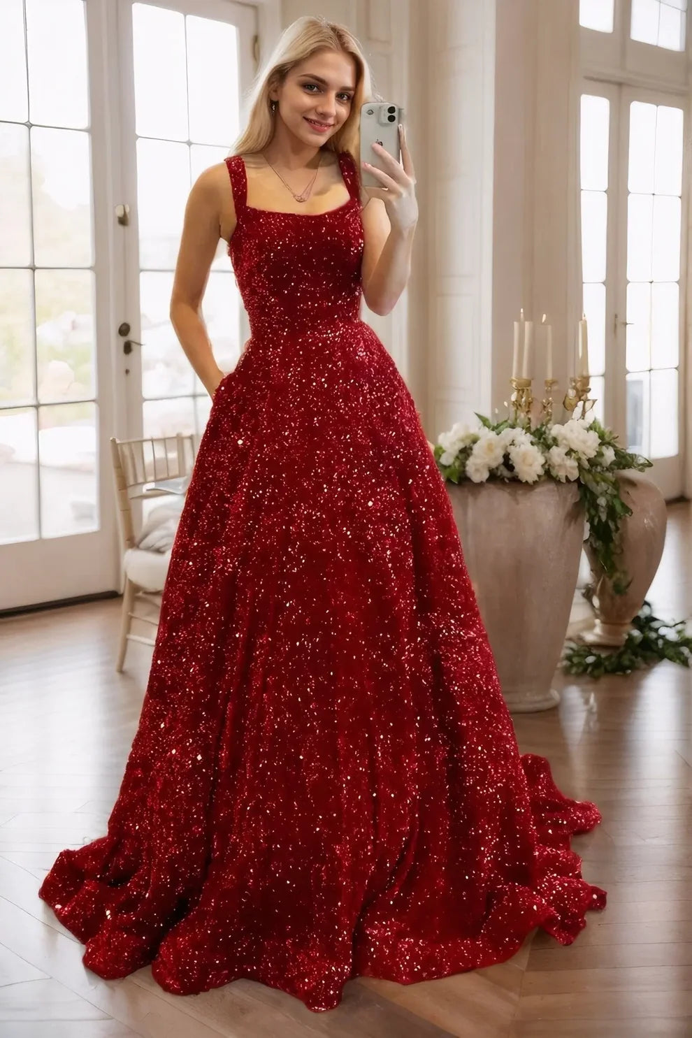 Burgundy Sequin A-Line Square Neck V-Back Floor-Length Dress