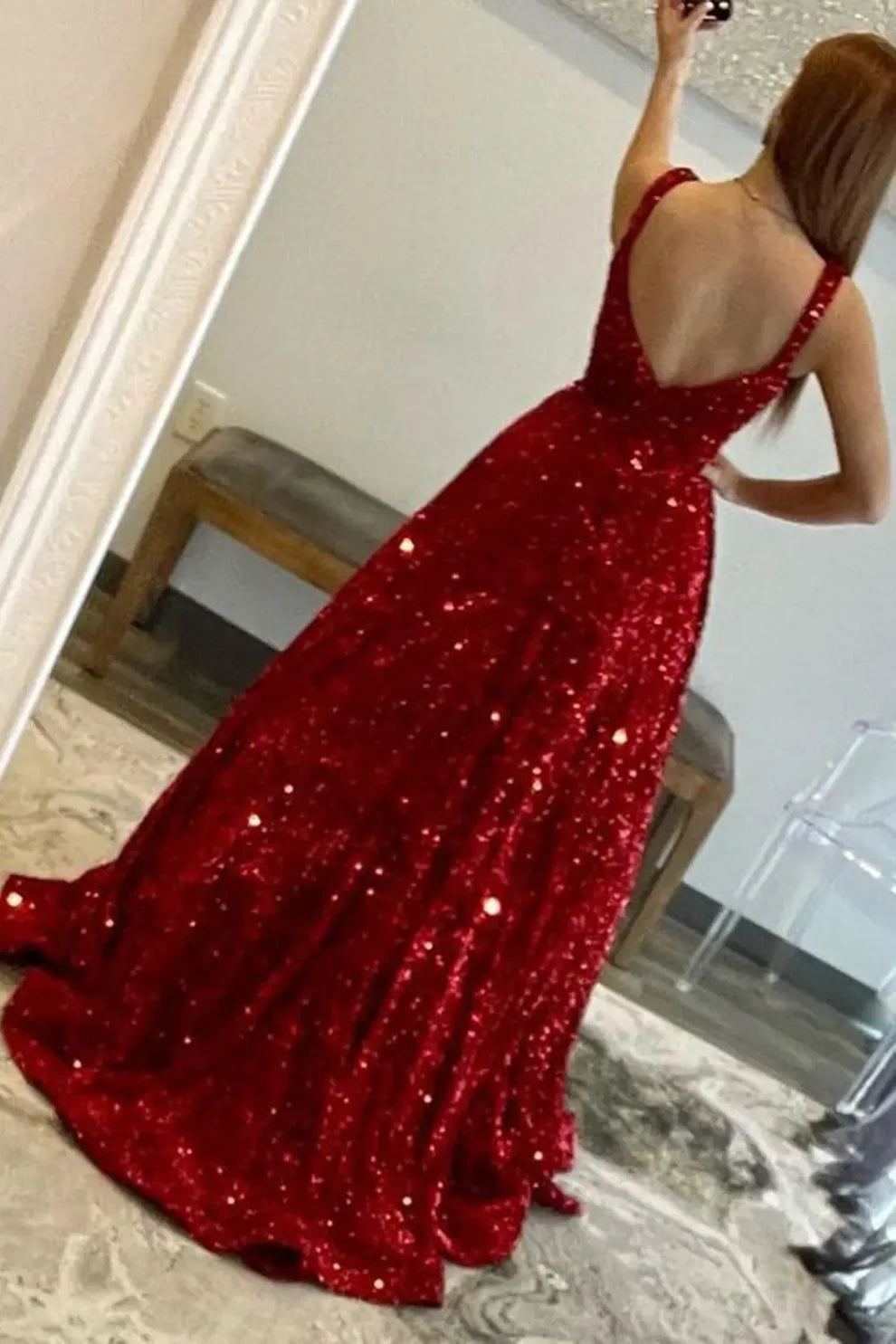 Burgundy Sequin A-Line Square Neck V-Back Floor-Length Dress