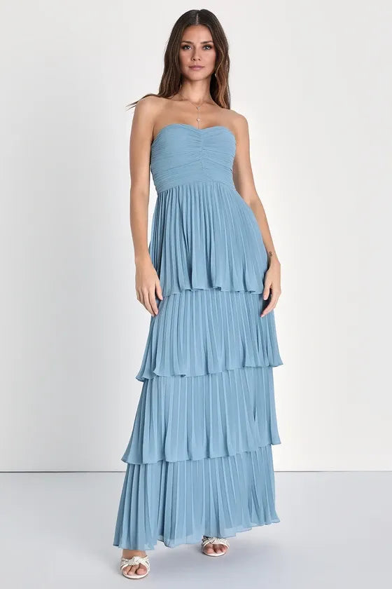 Robe Weitese rose clair, robe longue bustier à volants, robe de soirée trapèze sans manches, col en cœur, robe de bal 