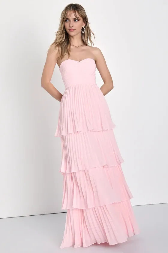 Robe Weitese rose clair, robe longue bustier à volants, robe de soirée trapèze sans manches, col en cœur, robe de bal 