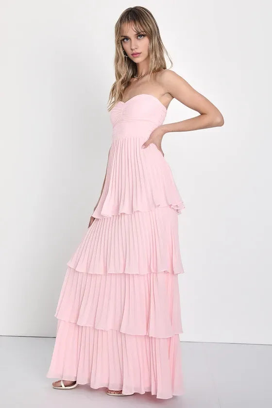 Robe Weitese rose clair, robe longue bustier à volants, robe de soirée trapèze sans manches, col en cœur, robe de bal 