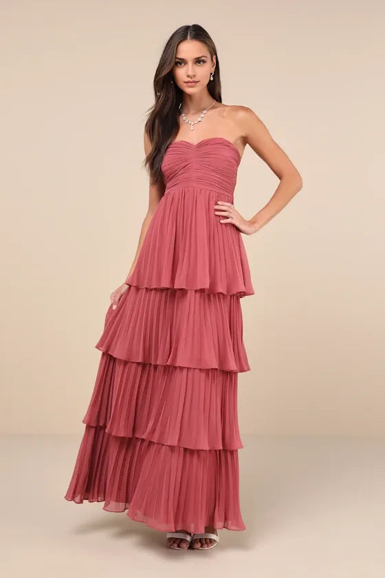 Robe Weitese rose clair, robe longue bustier à volants, robe de soirée trapèze sans manches, col en cœur, robe de bal 