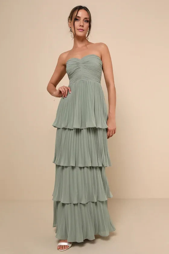 Robe Weitese rose clair, robe longue bustier à volants, robe de soirée trapèze sans manches, col en cœur, robe de bal 