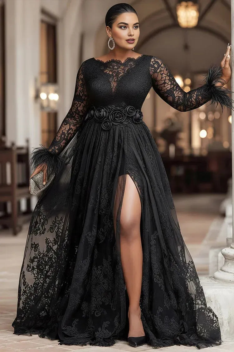 Sexy A-Line Boat Neck Long Sleeve Split Lace Plus Size Floor Length Prom Dress