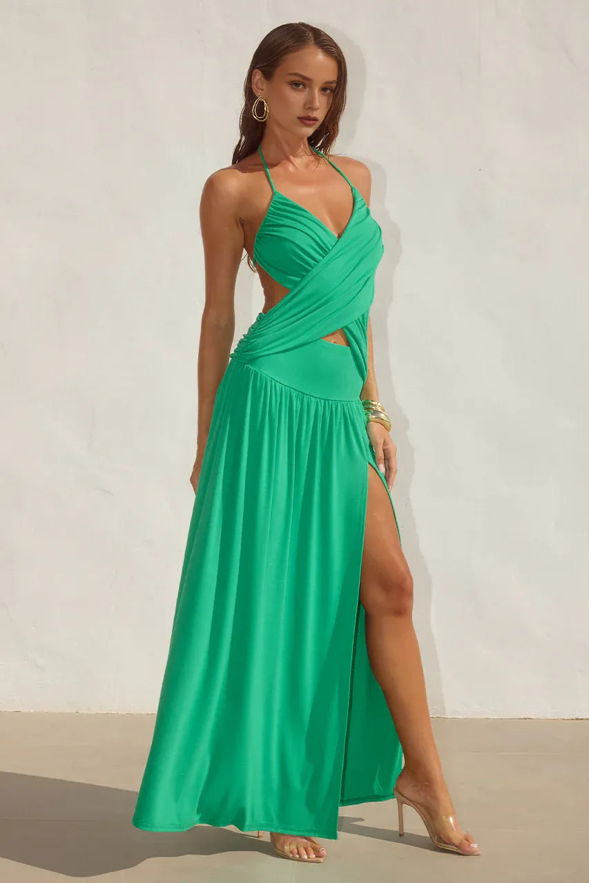 Sexy A-Line Halter Sleeveless Backless Split Floor-Length Prom Dress
