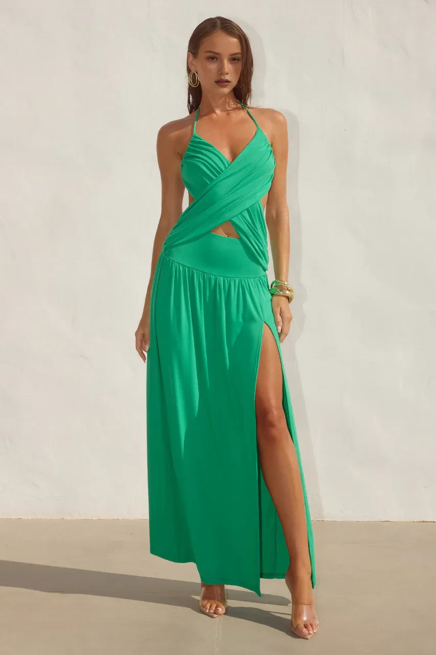 Sexy A-Line Halter Sleeveless Backless Split Floor-Length Prom Dress