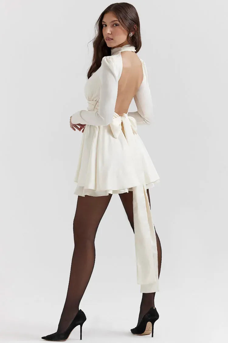 Sexy A-Line High Neck Long Sleeve Keyhole Cutout Tie Bow Ivory Short Homecoming Dress