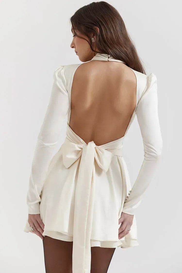 Sexy A-Line High Neck Long Sleeve Keyhole Cutout Tie Bow Ivory Short Homecoming Dress