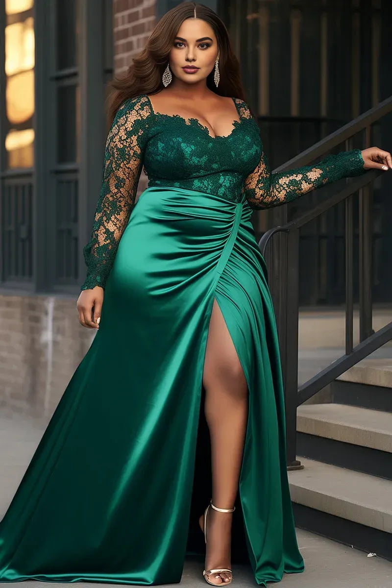 Sexy A-Line Square Neck Long Sleeve Split Lace Plus Size Floor Length Prom Dress