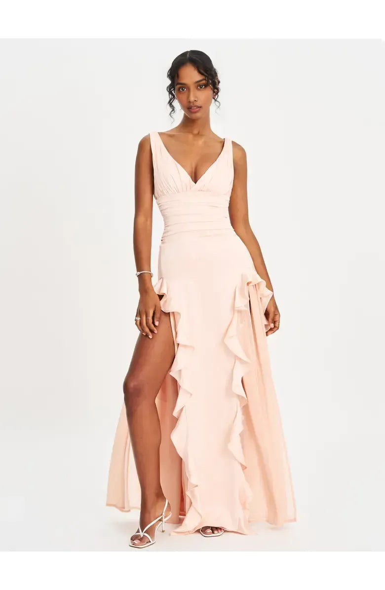 Sexy A-Line V Neck Sleeveless Backless Floor-Length Prom Dress