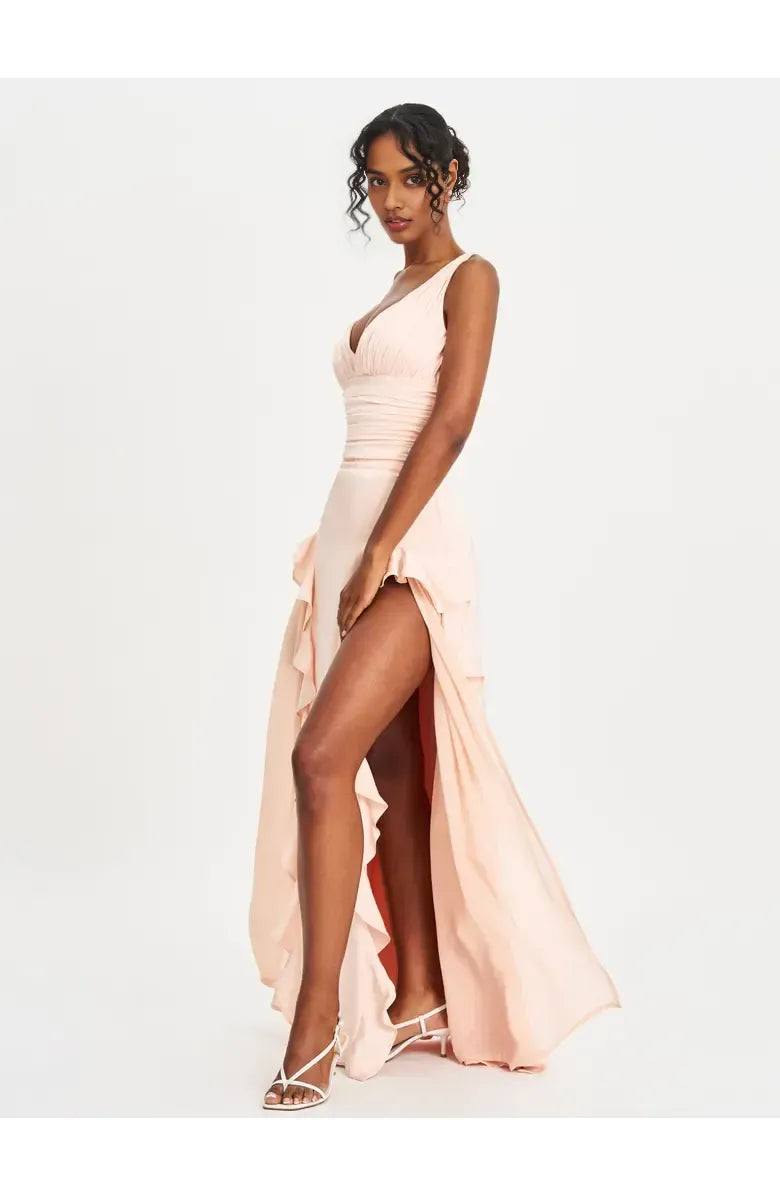 Sexy A-Line V Neck Sleeveless Backless Floor-Length Prom Dress