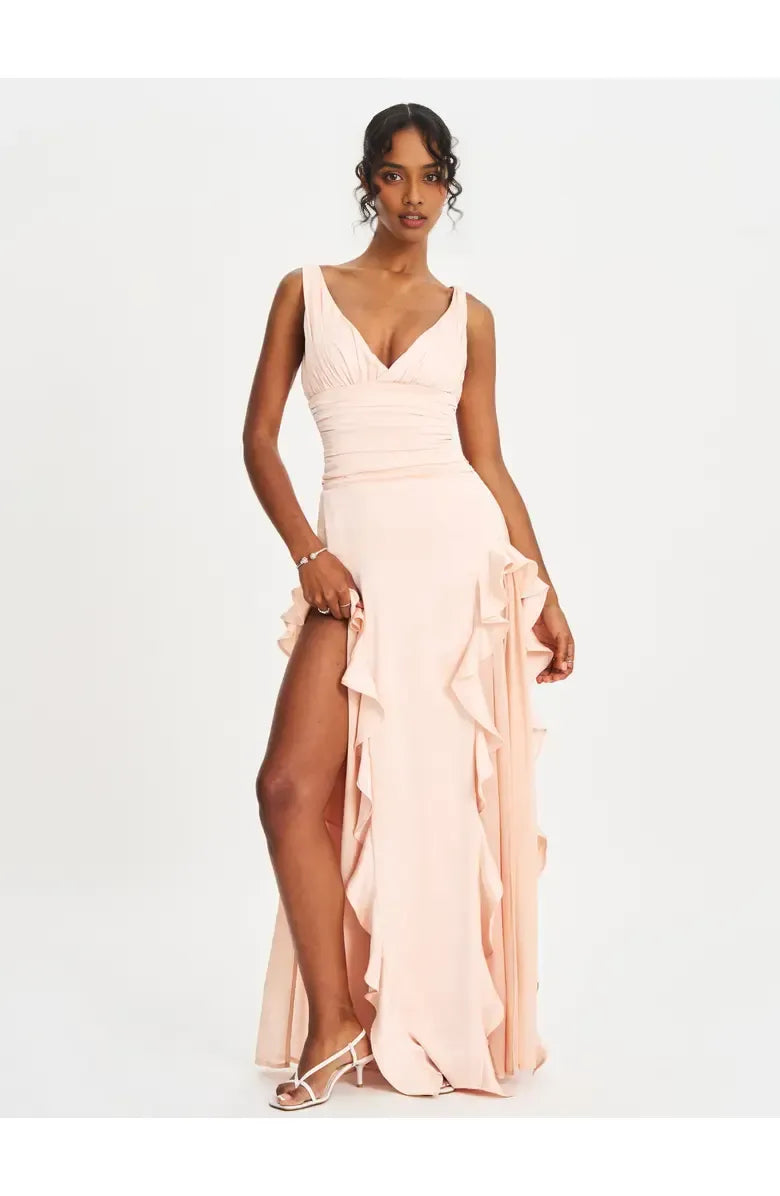 Sexy A-Line V Neck Sleeveless Backless Floor-Length Prom Dress