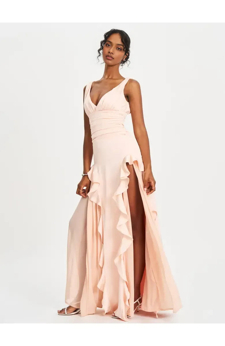 Sexy A-Line V Neck Sleeveless Backless Floor-Length Prom Dress