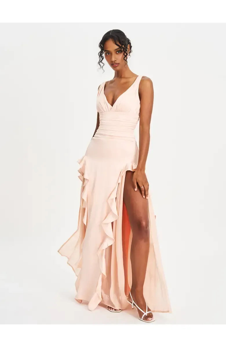 Sexy A-Line V Neck Sleeveless Backless Floor-Length Prom Dress